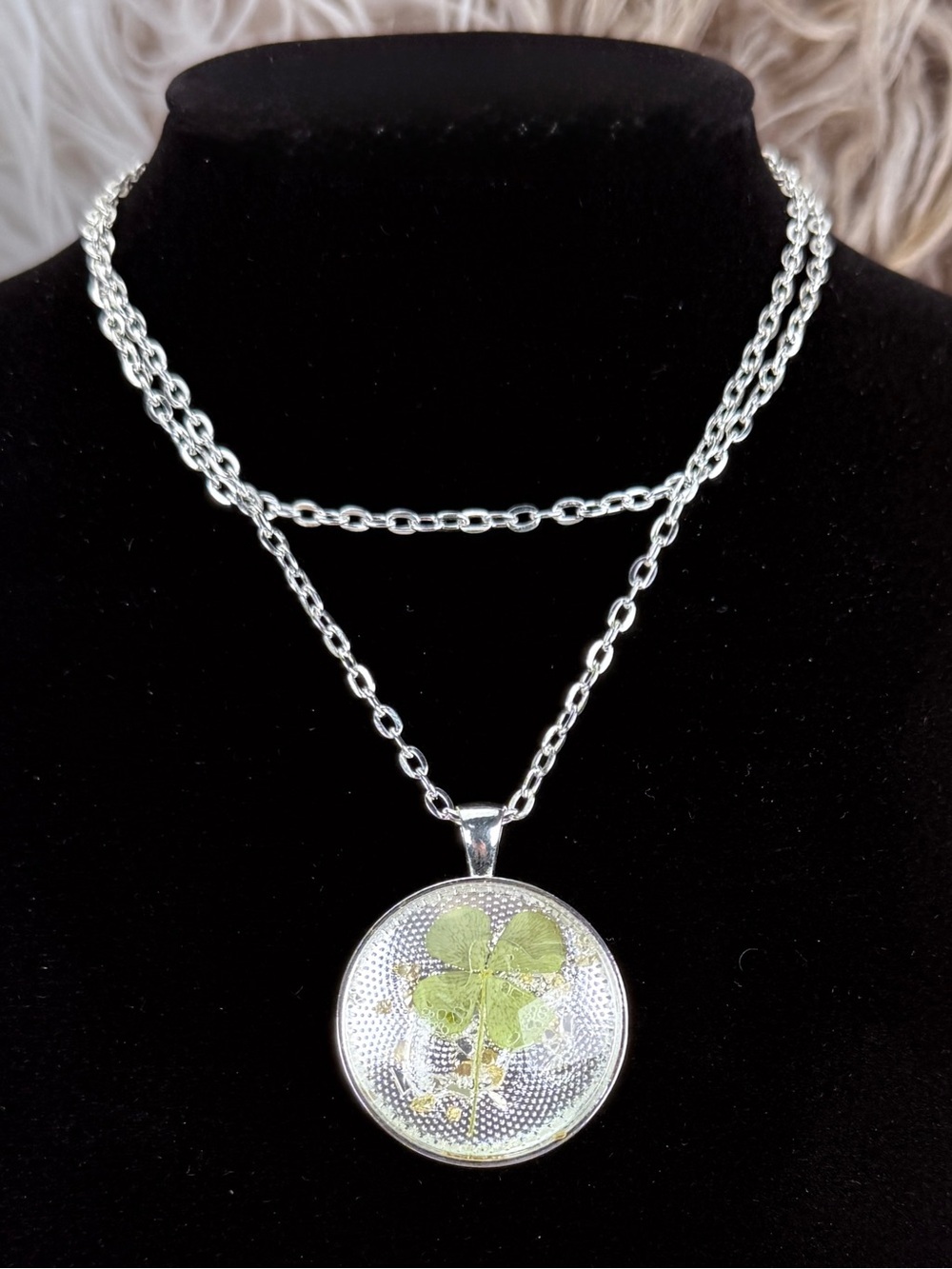Pressed Four Leaf Clover Dome Pendant Necklace Botanical Nature Jewelry
